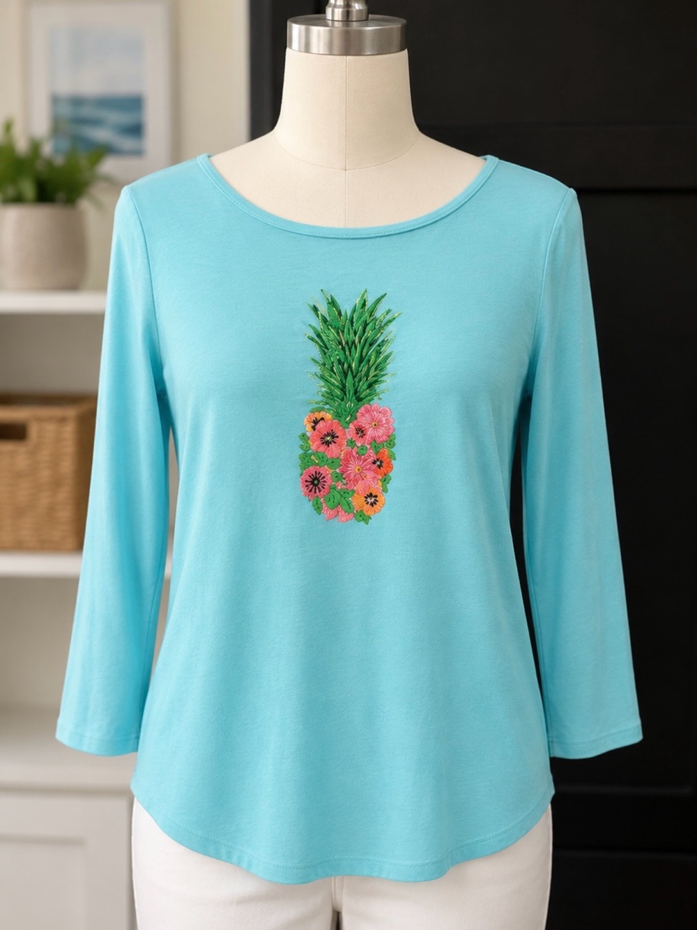 Talbots Aqua Long-Sleeve Top with Pineapple Floral Motif